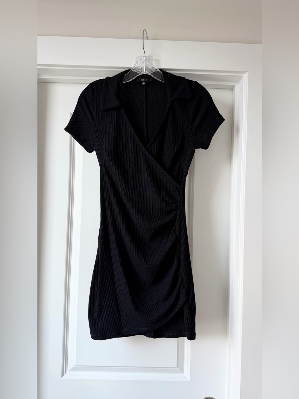 V-neck cross over ribbed mini dress with collar stretch comfy ruched sun dress